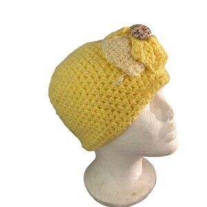Handmade Yellow Crochet Beanie With Floral Button Accent – Soft & Cozy